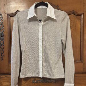 Anne Fontaine white gold knit blouse with white poplin cuffs and collar